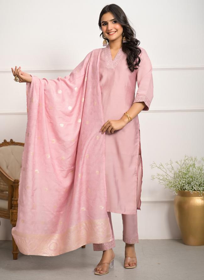 Viscose Chanderi Baby Pink Daily Wear Embroidery Work Readymade Kurti Set